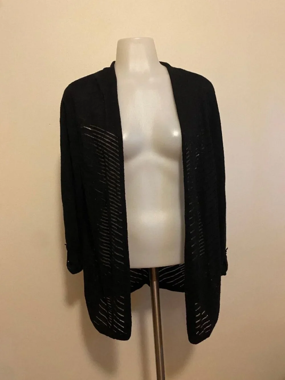 Croft & Barrow Black Open Front Pointelle Knit Cardigan Sweater